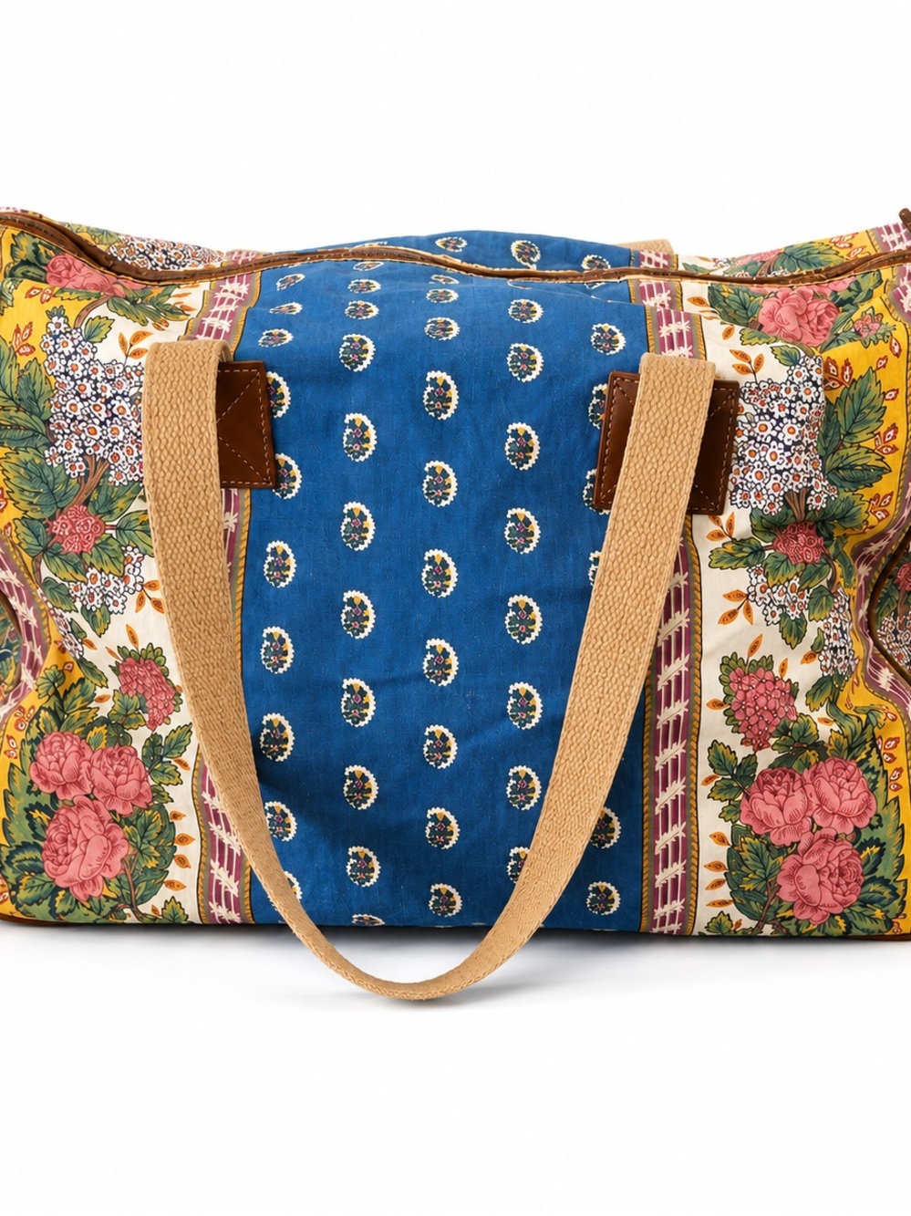 Patchwork Floral Blue Canvas Travel Tote with Tan Handles